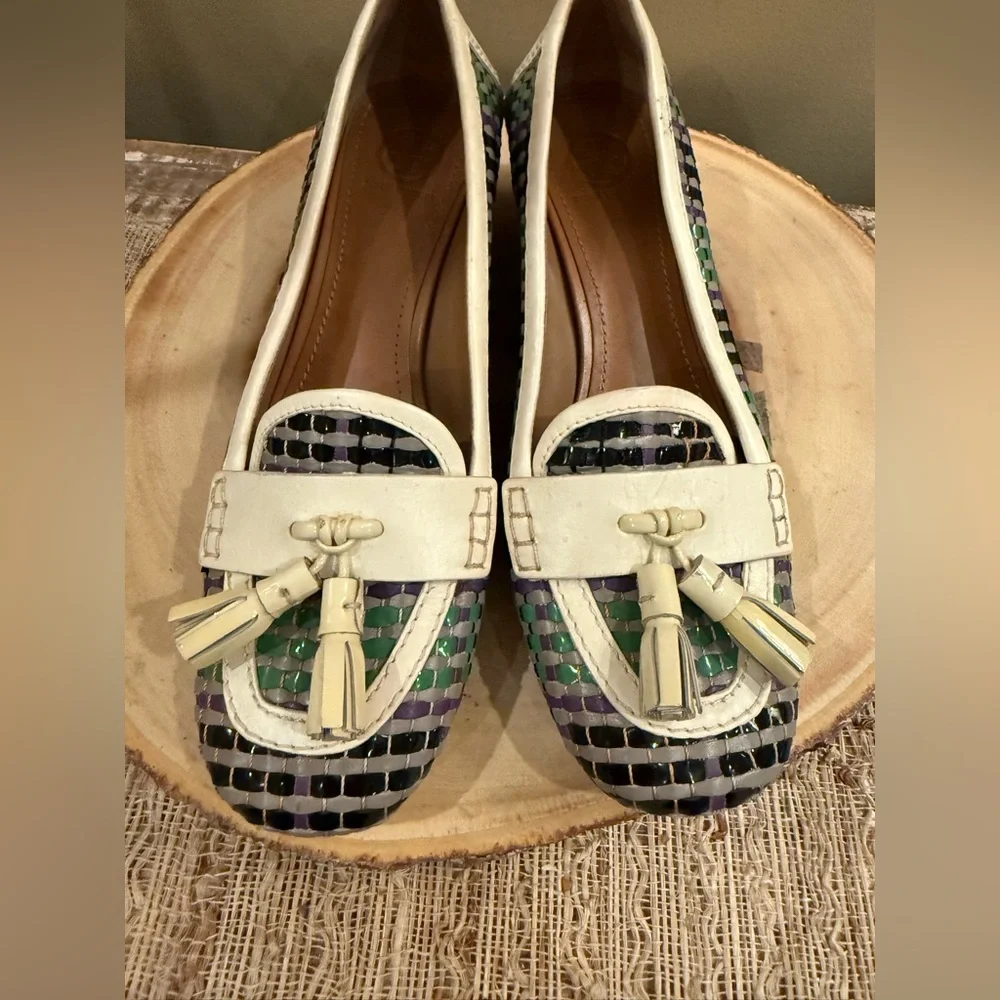 Tory Burch Careen 50MM Basket Weaved Leather Tassel  Loafer‎ Pumps Size 9.